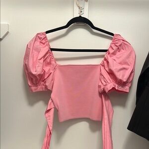 Zara Pink Puff Sleeve Crop Blouse with Tie Front